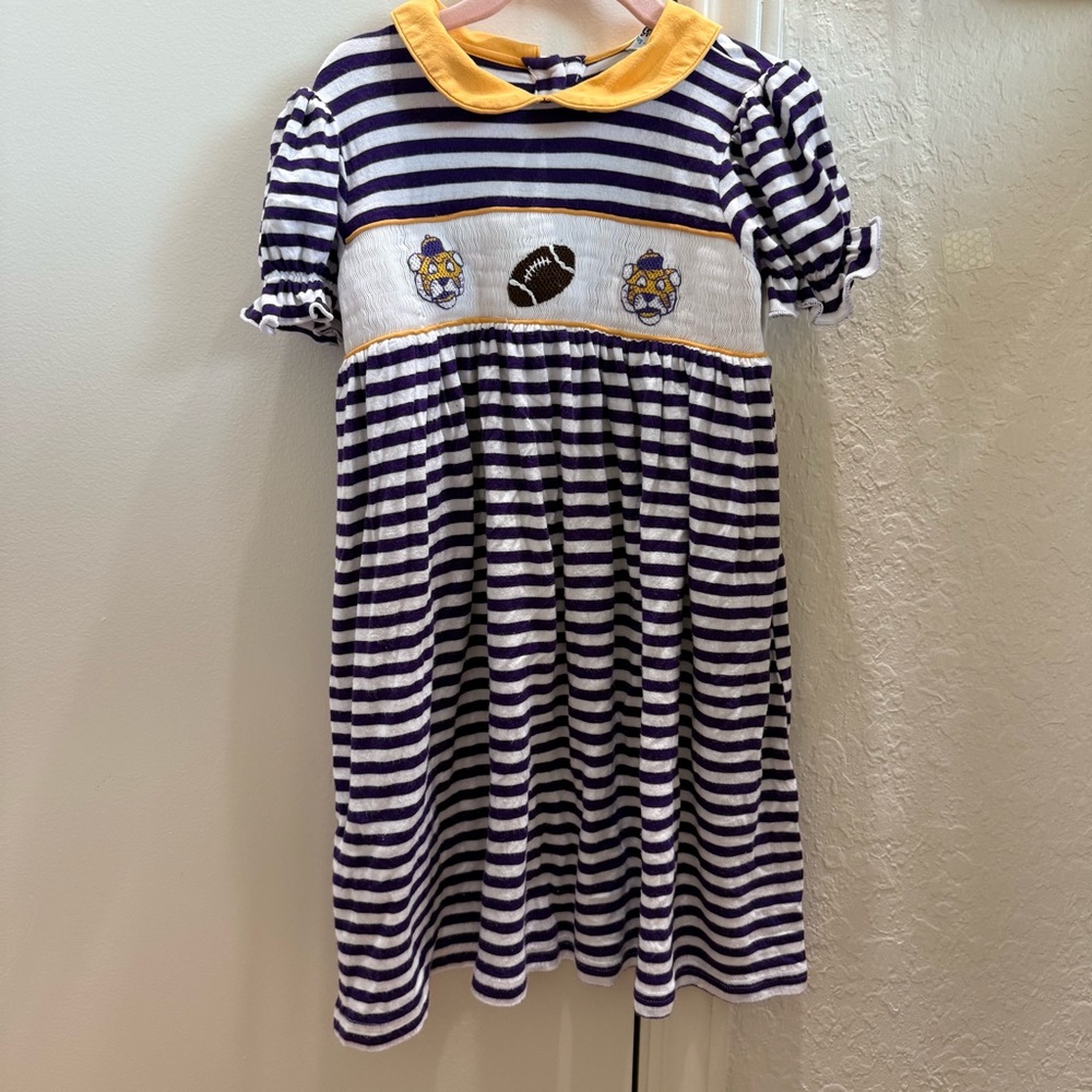 LSU Smocked Striped Purple and White Kids Dress